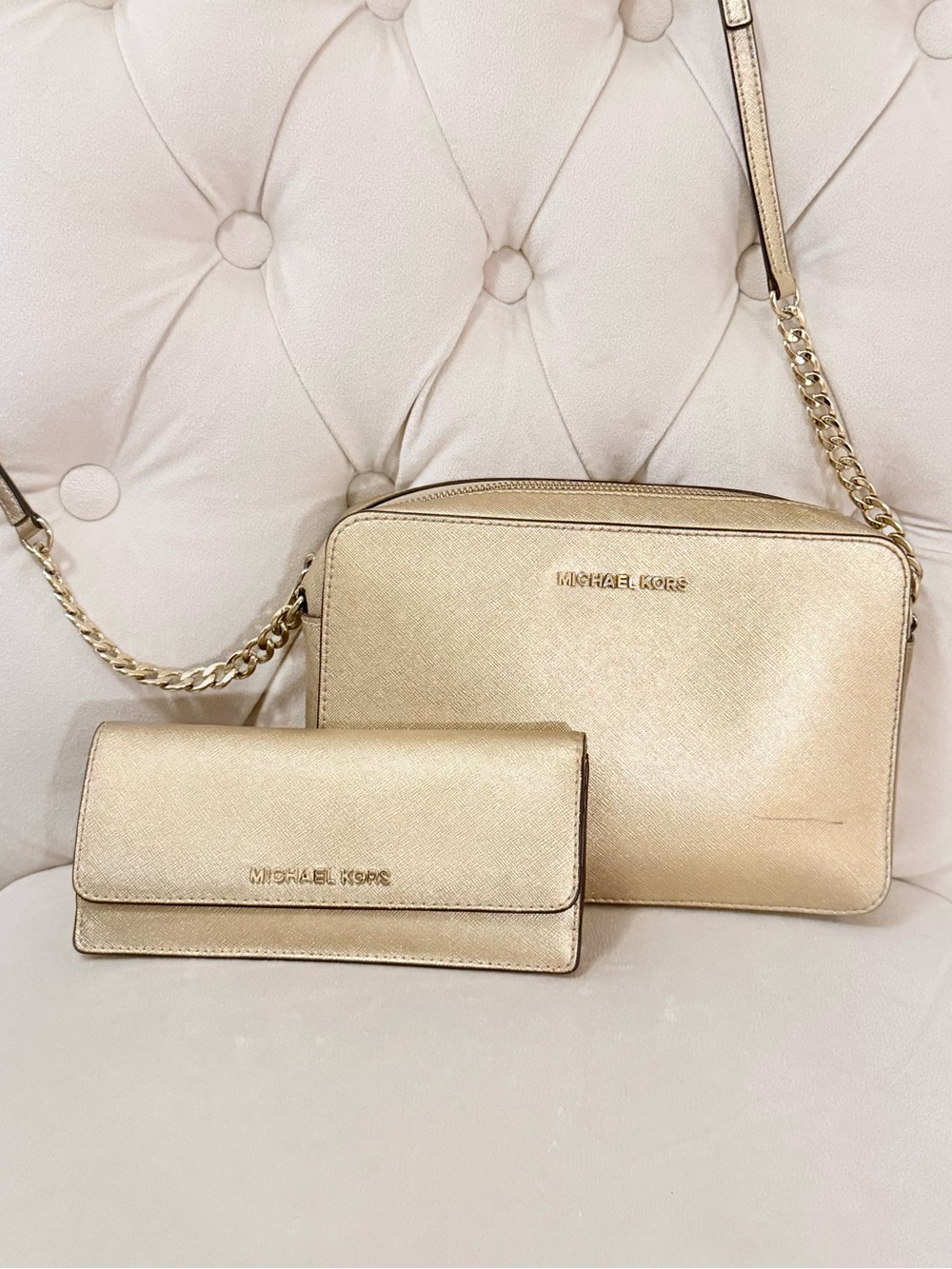 Michael Kors Metallic Gold Saffiano Crossbody Bag with Matching Wallet
